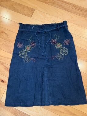 Embroidered Navy A-Line Midi Skirt with Drawstring Waist